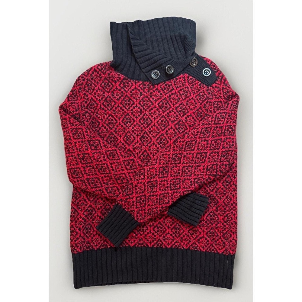 VTG Liz Claiborne Women XL Red Black Fair Isle Knit Cowl Neck Button Top Sweater